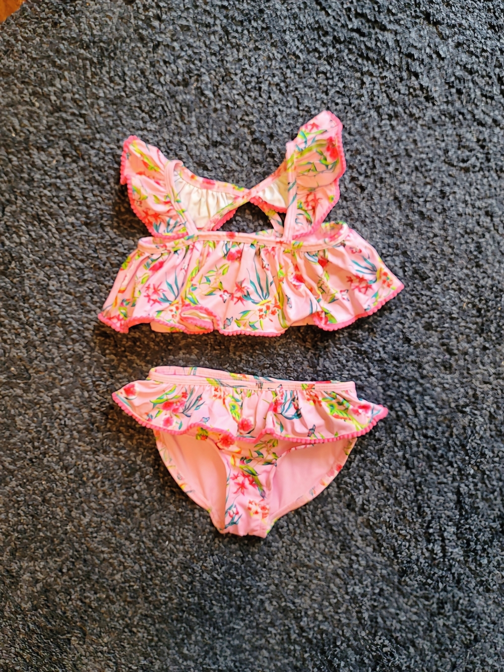 Kids Pink Floral Ruffled Two-Piece Swim Set